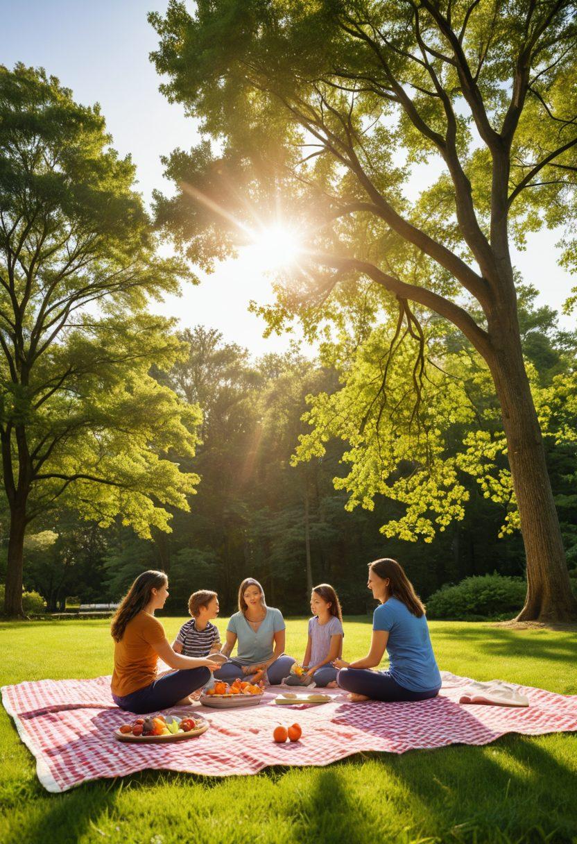 A serene family picnic in a lush New Jersey park, showcasing diverse family members enjoying healthy foods, engaging in outdoor activities, and practicing mindfulness together. In the background, incorporate elements like a rainbow, sunlight filtering through trees, and a vibrant landscape symbolizing joy and well-being. super-realistic. vibrant colors. natural setting.