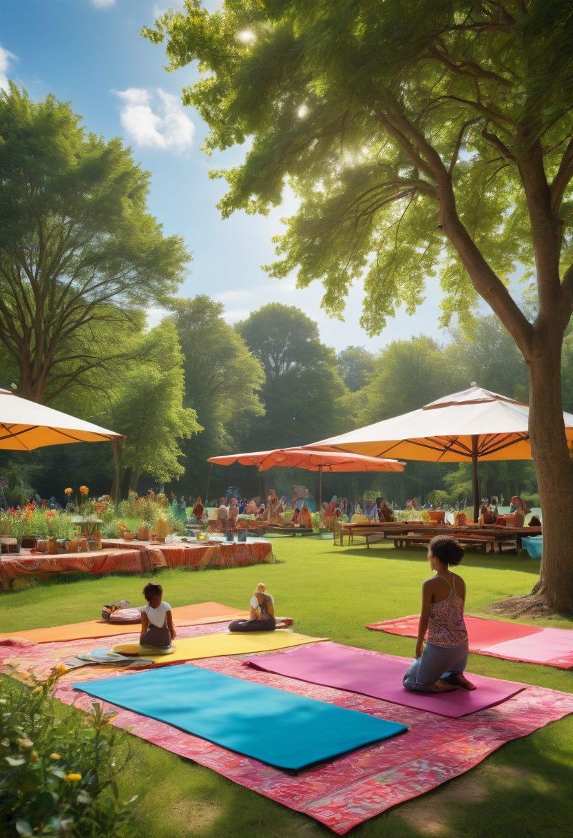 A warm and inviting scene depicting a diverse family gathering in a lush park, engaging in wellness activities like yoga, cooking healthy meals, and playing games together. In the background, a colorful community center with banners promoting health and support is visible. The sky is bright and sunny, radiating positivity and togetherness. super-realistic. vibrant colors. cheerful atmosphere.