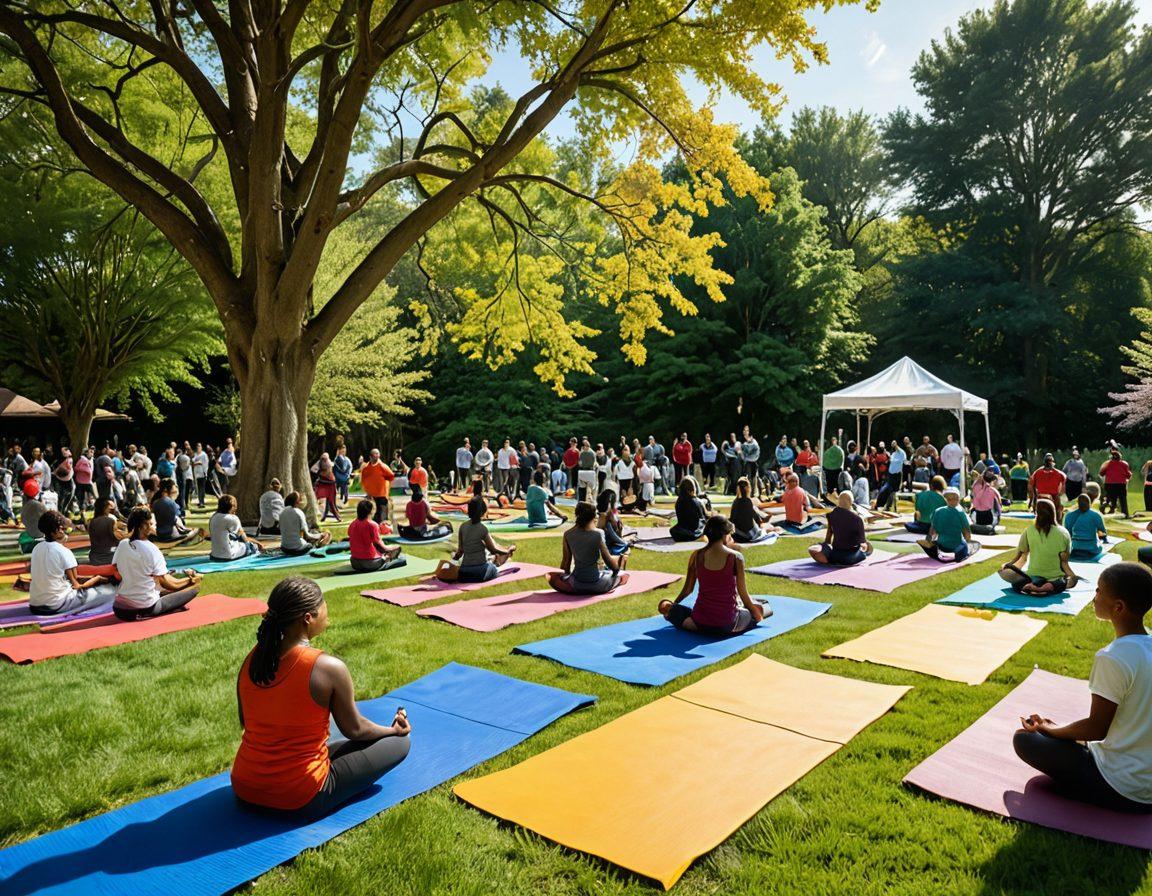 A vibrant community gathering scene in New Jersey, showcasing diverse families participating in health activities such as yoga, cooking healthy meals, and enjoying outdoor games. Include elements of nature like trees and flowers, symbolizing wellness. Bright colors convey joy and energy, with a warm sunset in the background. super-realistic. vibrant colors. 3D.